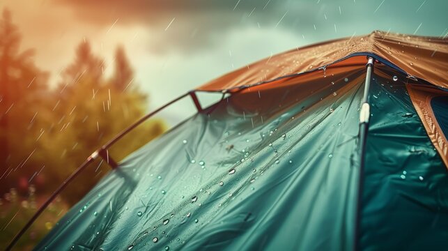 Raindrops patter gently on the roof of a tent pitched in a serene natural setting, enhancing the experience of outdoor adventure and camping amidst nature's beauty