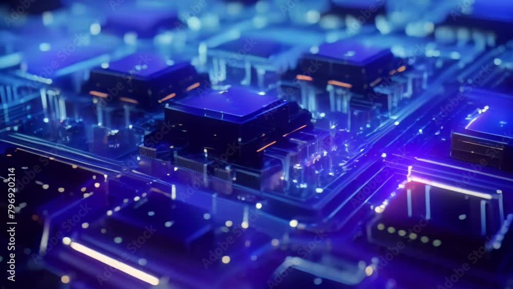 Poster circuit board with microchips and electronic components. 3d rendering, big data flow with cyber bloc