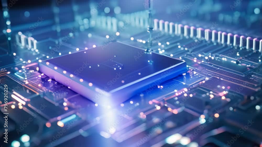 Poster 3d render of microcircuit board with microchips and processor, big data flow with cyber blockchain o