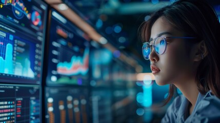 Female tech expert analyzes benefits and challenges of edge computing data on a digital interface with focus