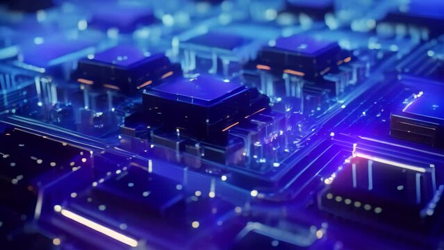 Circuit board with microchips and electronic components. 3d rendering, Big data flow with cyber blockchain on a circuit board incorporating a blue network system