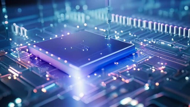 3d render of microcircuit board with microchips and processor, Big data flow with cyber blockchain on a circuit board incorporating a blue network system