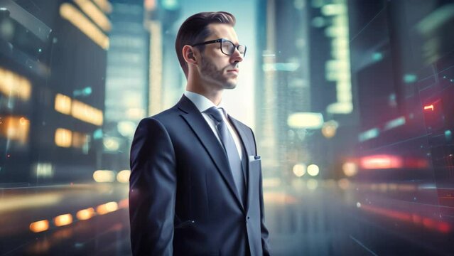 Businessman in glasses against night cityscape working with virtual panel interface, Businessman leveraging AI technology against a blurry urban area background