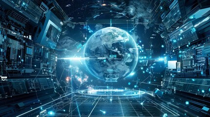 Obraz premium A globe at a space station serves as a central database, holographically projecting the universes known galaxies to aid in navigation, illustrating a hitech concept