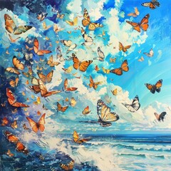 A kaleidoscope of butterflies dances under the expansive blue sky, bright water color