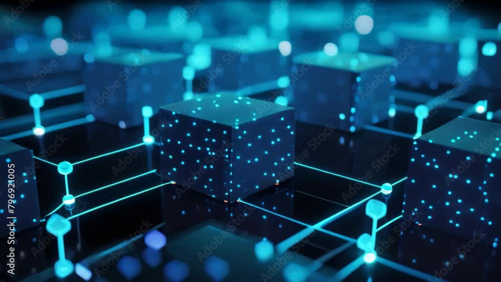 Poster 3d rendering of abstract digital background with cubes and binary code, close up view of beautiful f