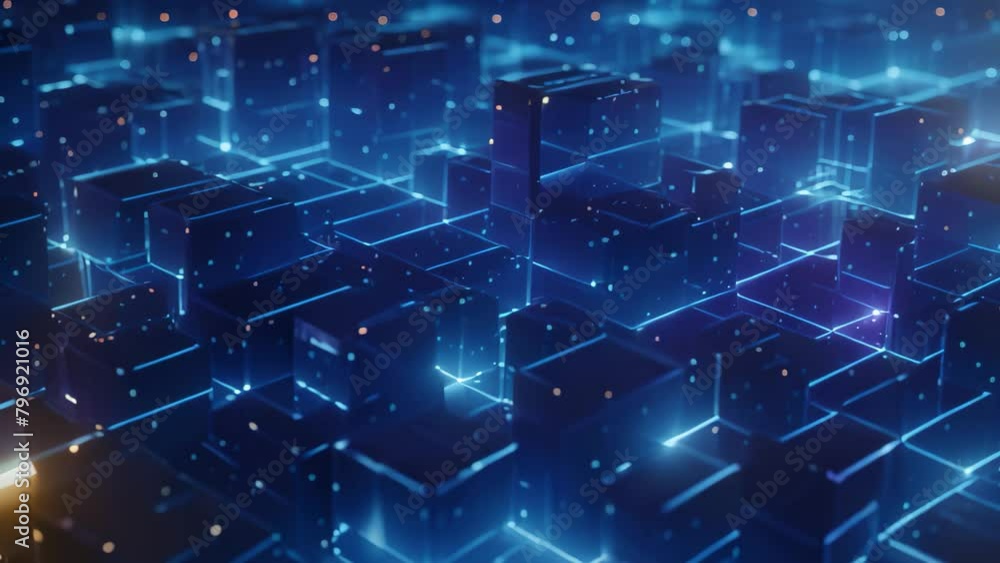 Poster abstract technological background with blue glowing lines and cubes. 3d rendering, close up view of 