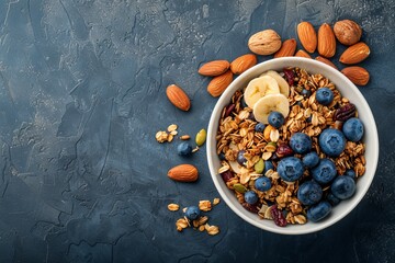 Fototapeta premium Eco-friendly, colorful breakfast mixed in the kitchen with nutrient-rich oatmeal and fiber-rich berries, providing a tasty, natural option for health-conscious mornings.