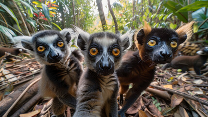 Naklejka premium Three lemurs in a forest setting