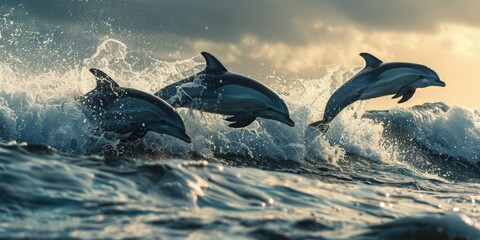 Dolphins jump over the breaking waves. Marine animals in their natural habitat. Generative AI