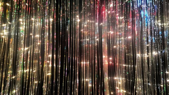 Shiny tinsel curtain with light sparkles. Celebration backdrop, party decorations