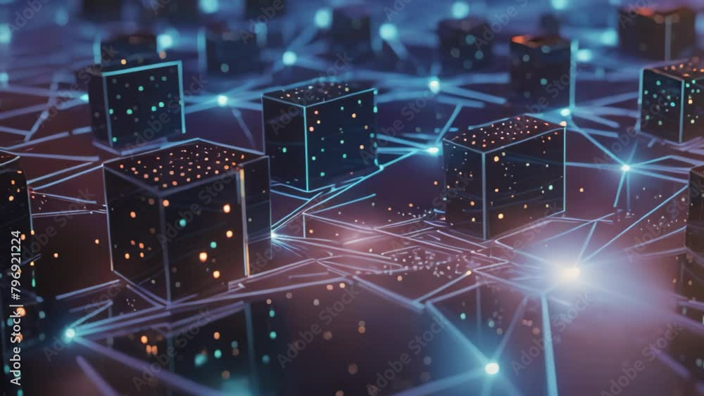 Poster futuristic abstract background with glowing cube and lines. 3d rendering, close up view of beautiful