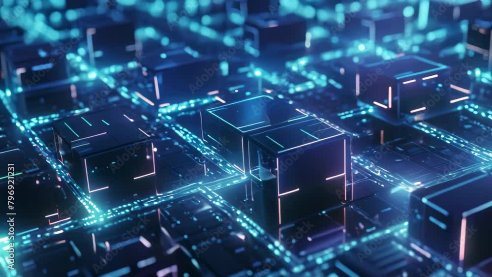 Poster abstract technological background with glowing cubes and lines. 3d rendering, close up view of beaut