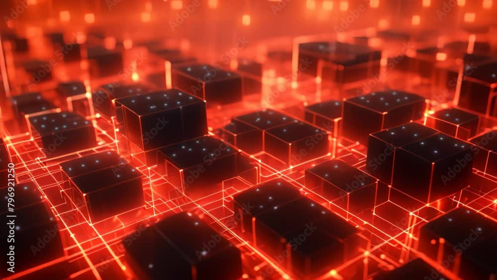 Poster 3d rendering of abstract technology background with black cubes and glowing lines, close-up of a red