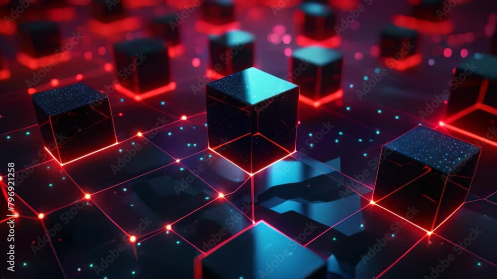 Poster abstract 3d rendering of black cubes with red neon lights on dark background, close-up of a red glow