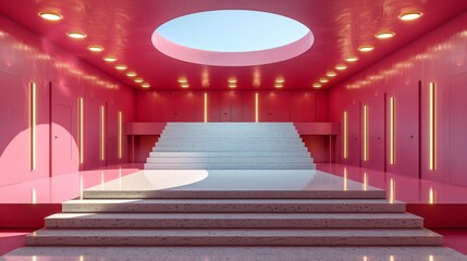 Obraz premium A stairway leading to a room with pink walls and red carpet, AI