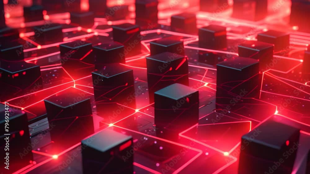Poster abstract technology background with glowing cubes. 3d rendering toned video, close-up of a red glowi