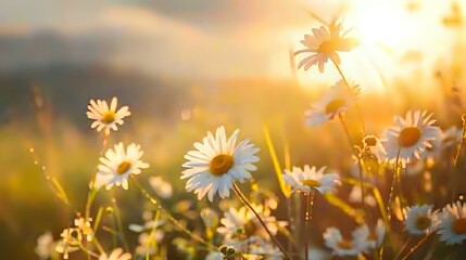 Scenic Spring and Summer Landscape Blooming Daisy Field in Countryside Hills