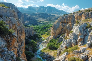 Majestic panoramic view of a vast canyon with a serene flowing river, capturing nature's grandeur and beauty