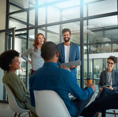 Business people, presentation or laptop in startup for teamwork in meeting, funny conversation or...