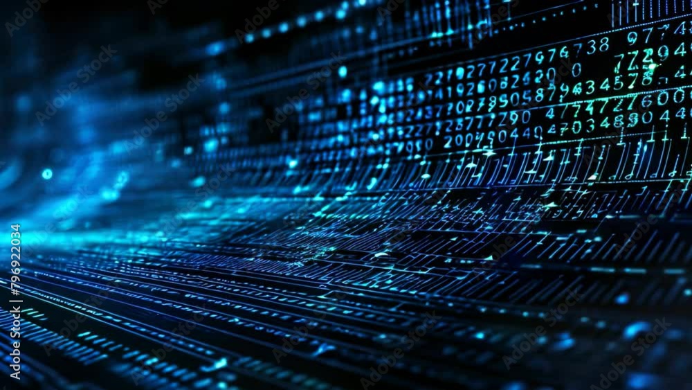 Fototapete Blue digital binary code on a dark background. 3d illustration, Digital background with blue binary code and AI algorithms against a black background