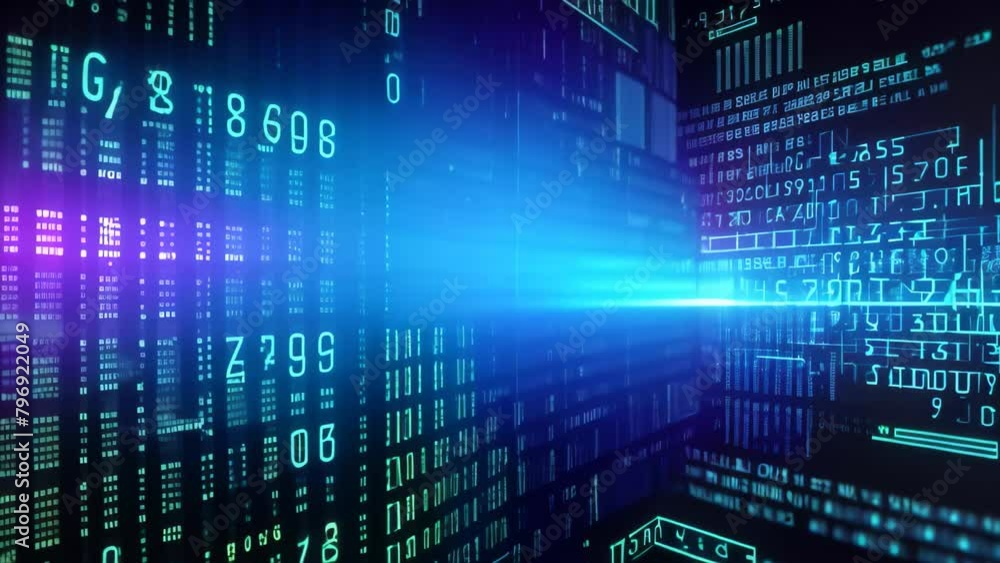 Fototapete Blue digital background with binary code. 3d rendering toned Video, Digital background with blue binary code and AI algorithms against a black background