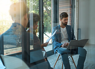 Business people, document or laptop for startup meeting for online website, research or discussion....