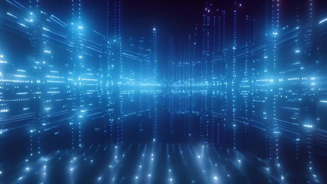 Abstract technology background with binary code. Digital data transfer concept. 3D Rendering, Digital background with blue binary code and AI algorithms against a black background