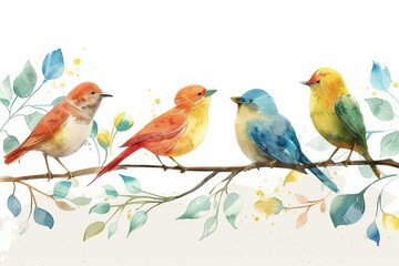 Birds perch delicately on a branch, their feathers vividly illustrated in a childlike drawing set draw concept