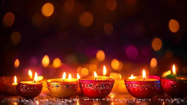 Indian festival Diwali, Diya oil lamps lit on colorful rangoli. Hindu traditional. Happy Deepavali. Copy space for text, diwali day festival diwali lanterns background