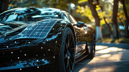 A sleek black sports car with solar panels on its hood and roof is parked in a tree-lined parking...