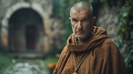 Man in brown monk robes outdoors