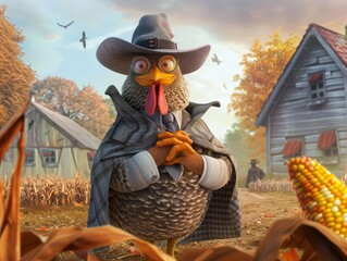 Clad in a detectives cape and hat, a curious chicken investigates the mysterious disappearance of corn at the farm in cartoon concept - obrazy, fototapety, plakaty