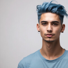 young man model with blue hair isolated on white background