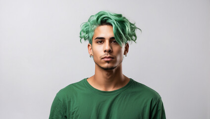 young man model with green hair isolated on white background