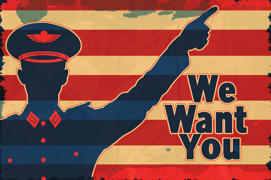 Retro military style, "We Want You" with a salute from a silhouette figure, nostalgic yet timeless appeal for volunteer enlistment or event participation - Powered by Adobe