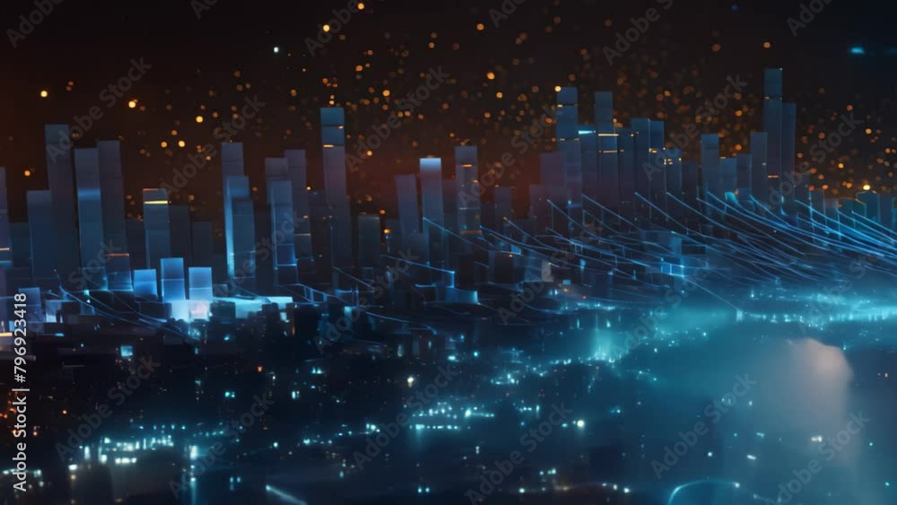 Poster abstract 3d illustration of technology background, circuit board and city, glowing blue lines and an
