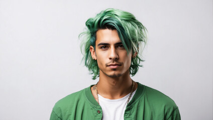 young man model with green hair isolated on white background