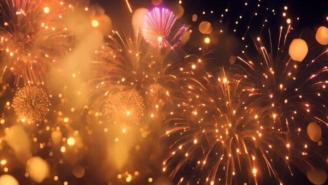 Fireworks on golden background. New Year and Christmas holiday concept, Gold fireworks vector background with bokeh