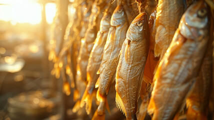 Rows of hanging dried fish. - obrazy, fototapety, plakaty
