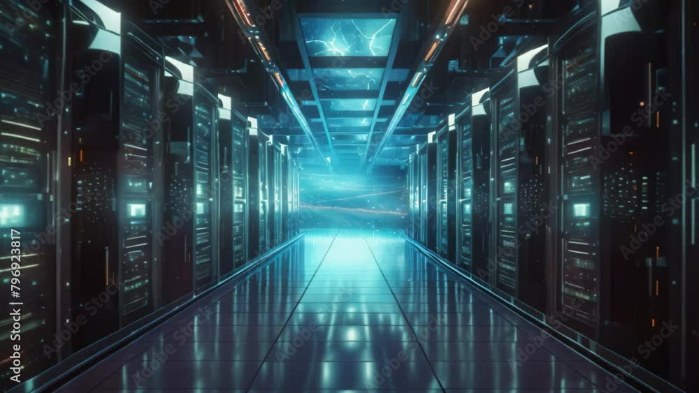 Poster futuristic server room with bright blue lights. 3d rendering, it server and a modern digital fortres