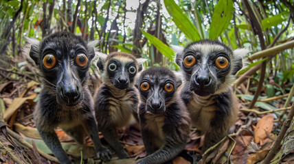 Naklejka premium Four lemurs in the forest