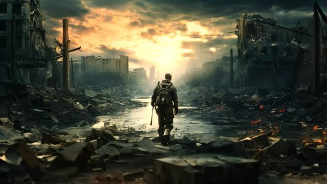 Man standing in the middle of the destroyed city. 3D rendering, Lone soldier walking in a destroyed city