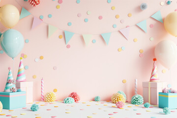 3d rendering of colorful background wall with birthday party decoration, bright colors, empty wall mock up, birthday invitation, greeting card