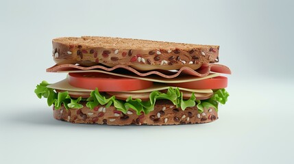 Sandwich with ham, cheese, lettuce, and tomato on a white background