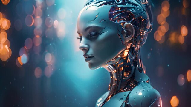 3d rendering of a female robot with futuristic hairstyle and glowing eyes, Modern AI robot in a close-up view portrait against a digital background
