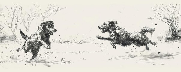 Playful dogs chase each other in a park, captured in an exuberant handsketched ink drawing draw concept