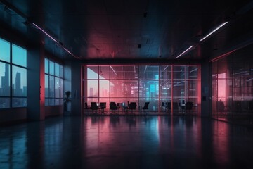 Stylish office of the future, technology development concept, neon color.