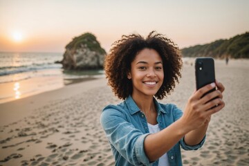 biracial young woman taking selfie through smart phone at beach