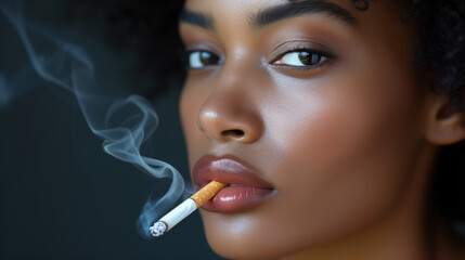 Close-up of a young woman with a cigarette and contemplative gaze.